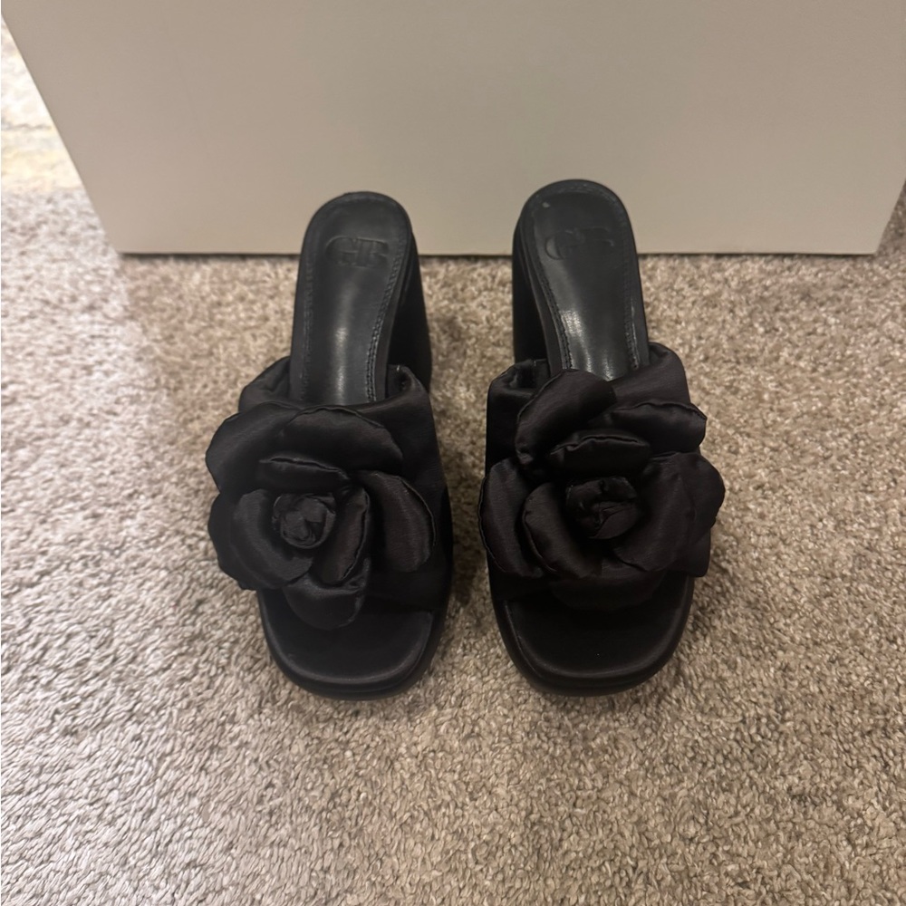 GB Girls Black Mules with Floral Accent